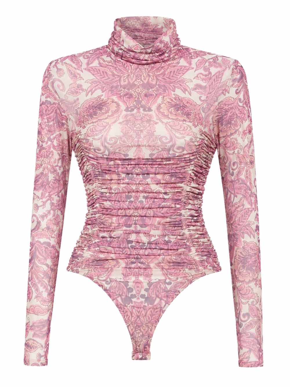 Free People Pink Paisley Ruched SHEER  Turtleneck Bodysuit